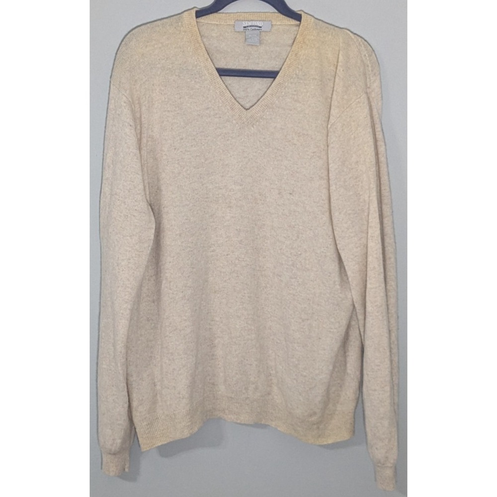 Stafford Executive Mens 100% Cashmere V-Neck Sweater Beige Cozy Comfort XL